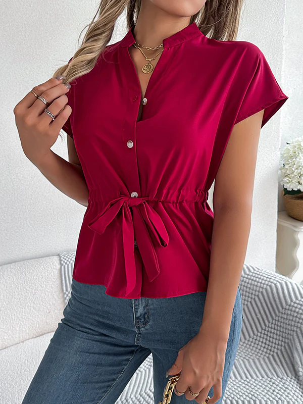 Short Sleeves Buttoned Comfort Solid Color Tied Waist Stand Collar Blouses&Shirts Tops - Image 7