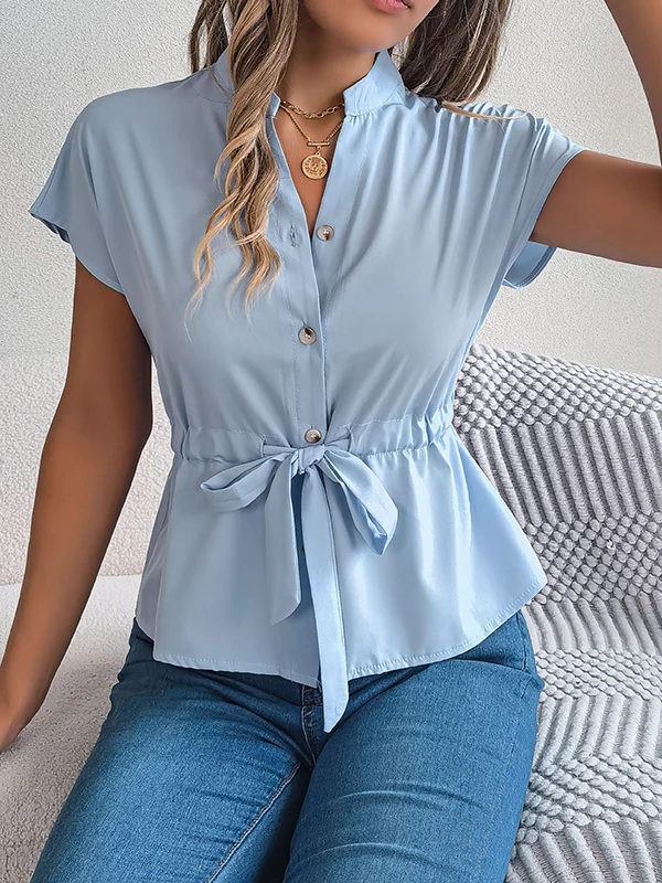 Short Sleeves Buttoned Comfort Solid Color Tied Waist Stand Collar Blouses&Shirts Tops - Image 8