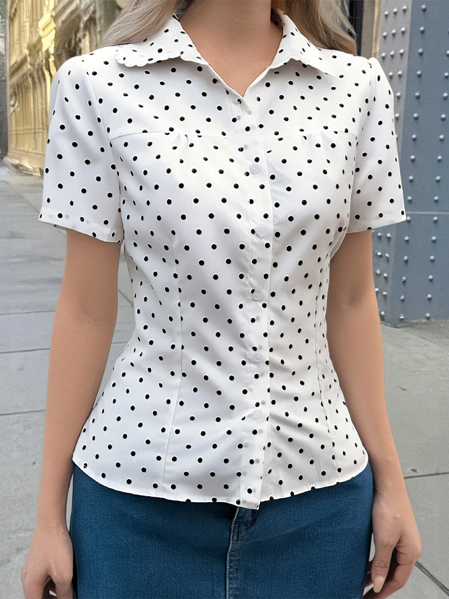 Short Sleeves Buttoned Polka-Dot Solid Color Split-Joint Lapel Blouses&Shirts Tops