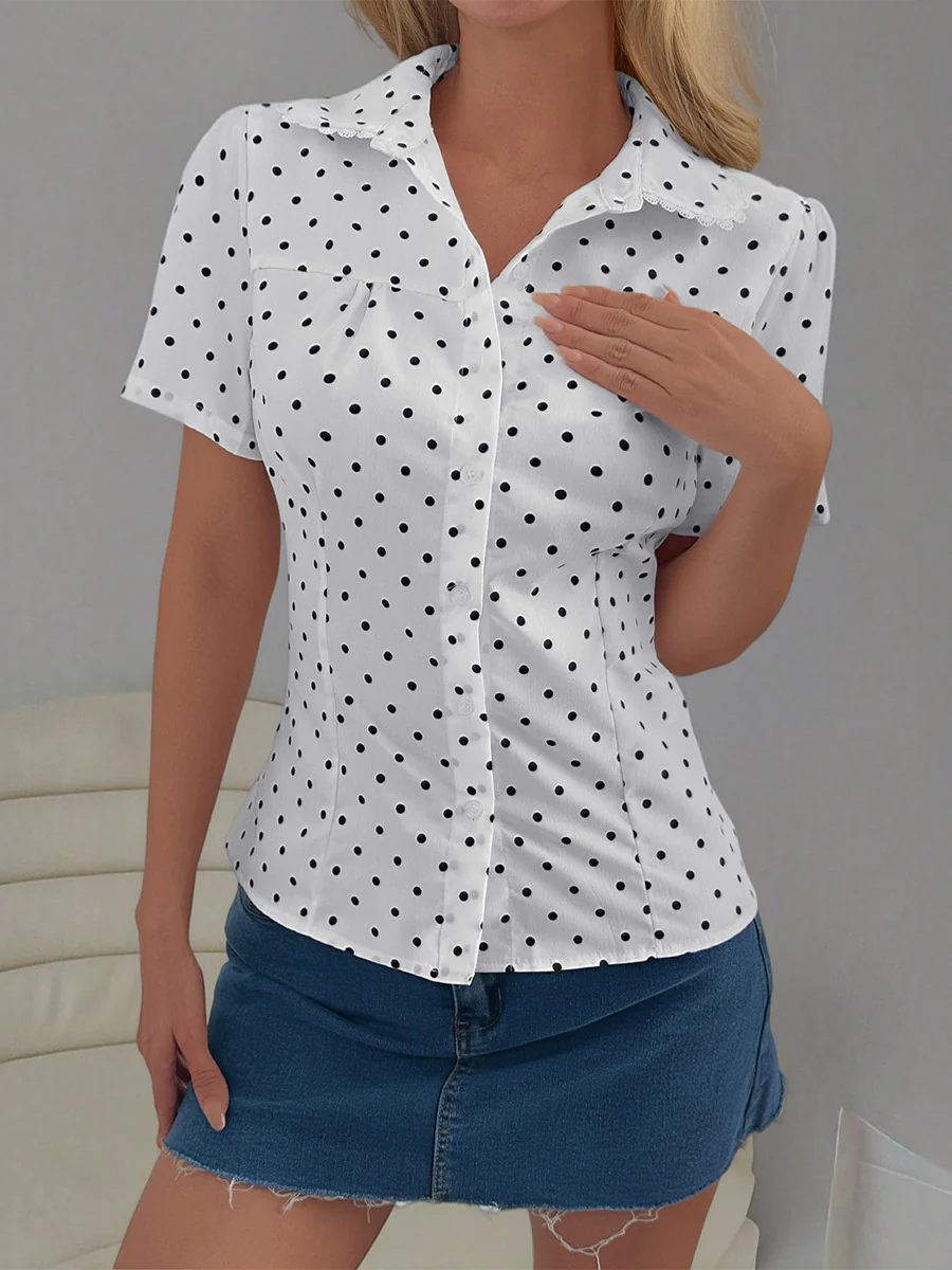 Short Sleeves Buttoned Polka-Dot Solid Color Split-Joint Lapel Blouses&Shirts Tops - Image 2