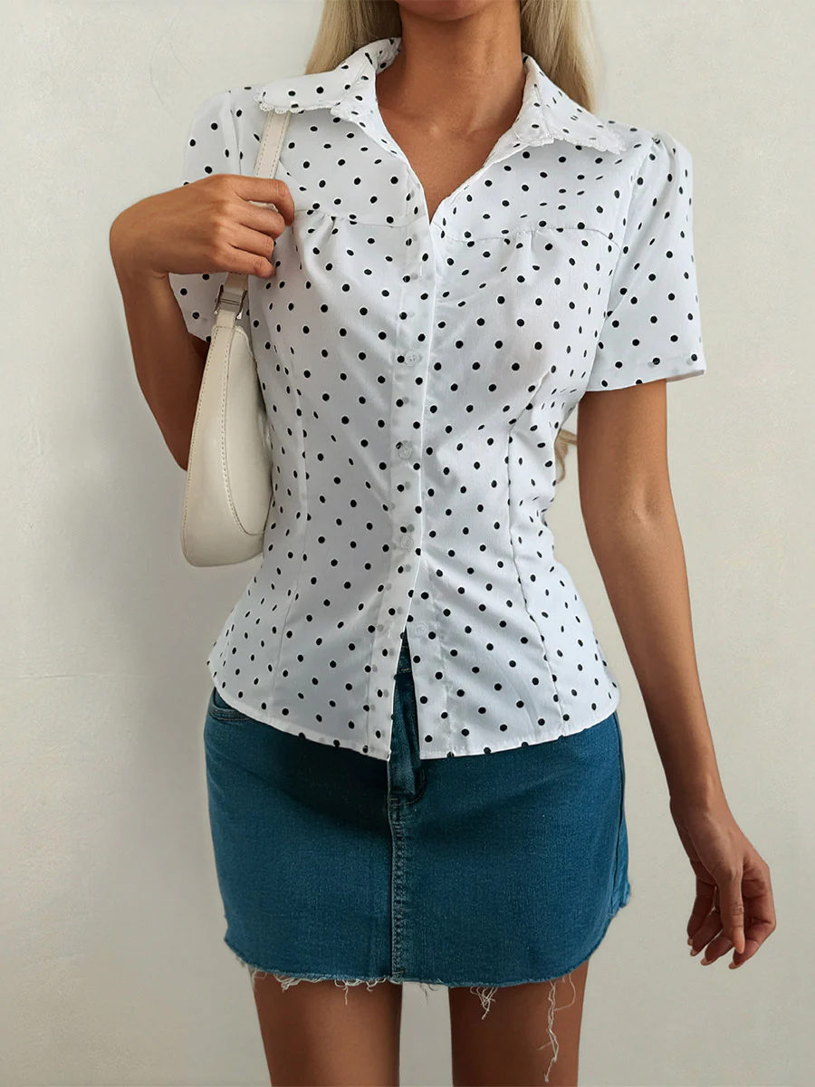 Short Sleeves Buttoned Polka-Dot Solid Color Split-Joint Lapel Blouses&Shirts Tops - Image 3
