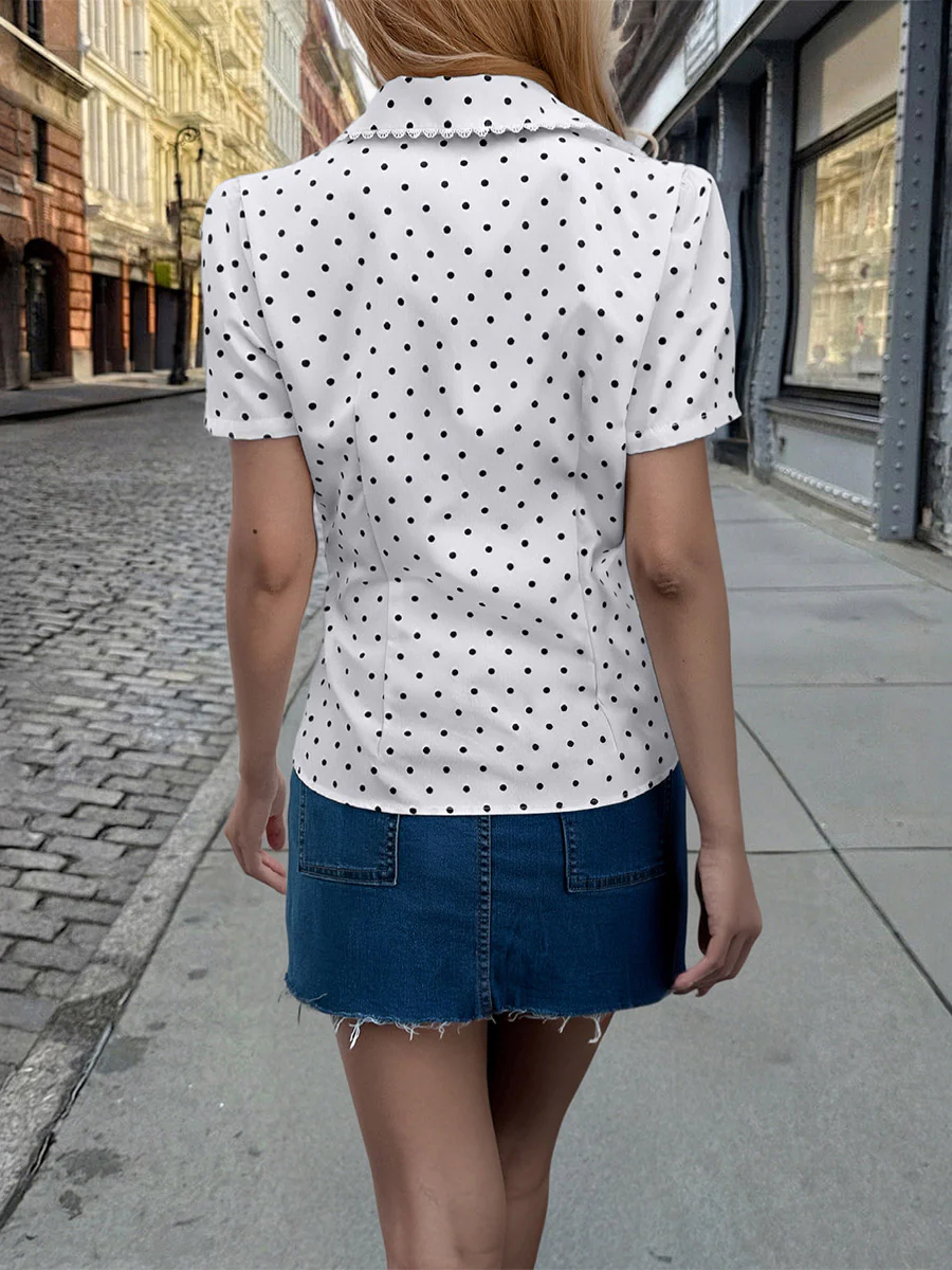 Short Sleeves Buttoned Polka-Dot Solid Color Split-Joint Lapel Blouses&Shirts Tops - Image 5