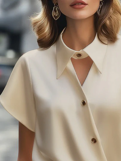 Short Sleeves Buttoned Solid Color Lapel Blouses&Shirts Tops - Image 2