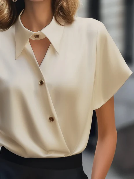 Short Sleeves Buttoned Solid Color Lapel Blouses&Shirts Tops - Image 3
