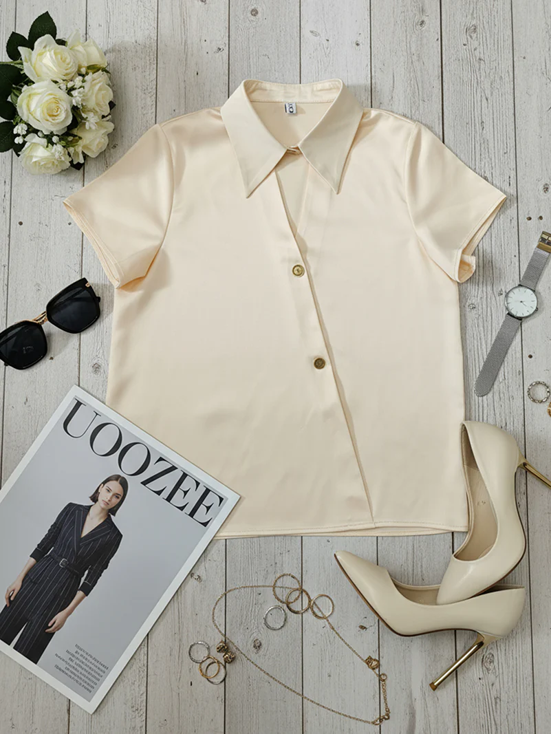 Short Sleeves Buttoned Solid Color Lapel Blouses&Shirts Tops - Image 4