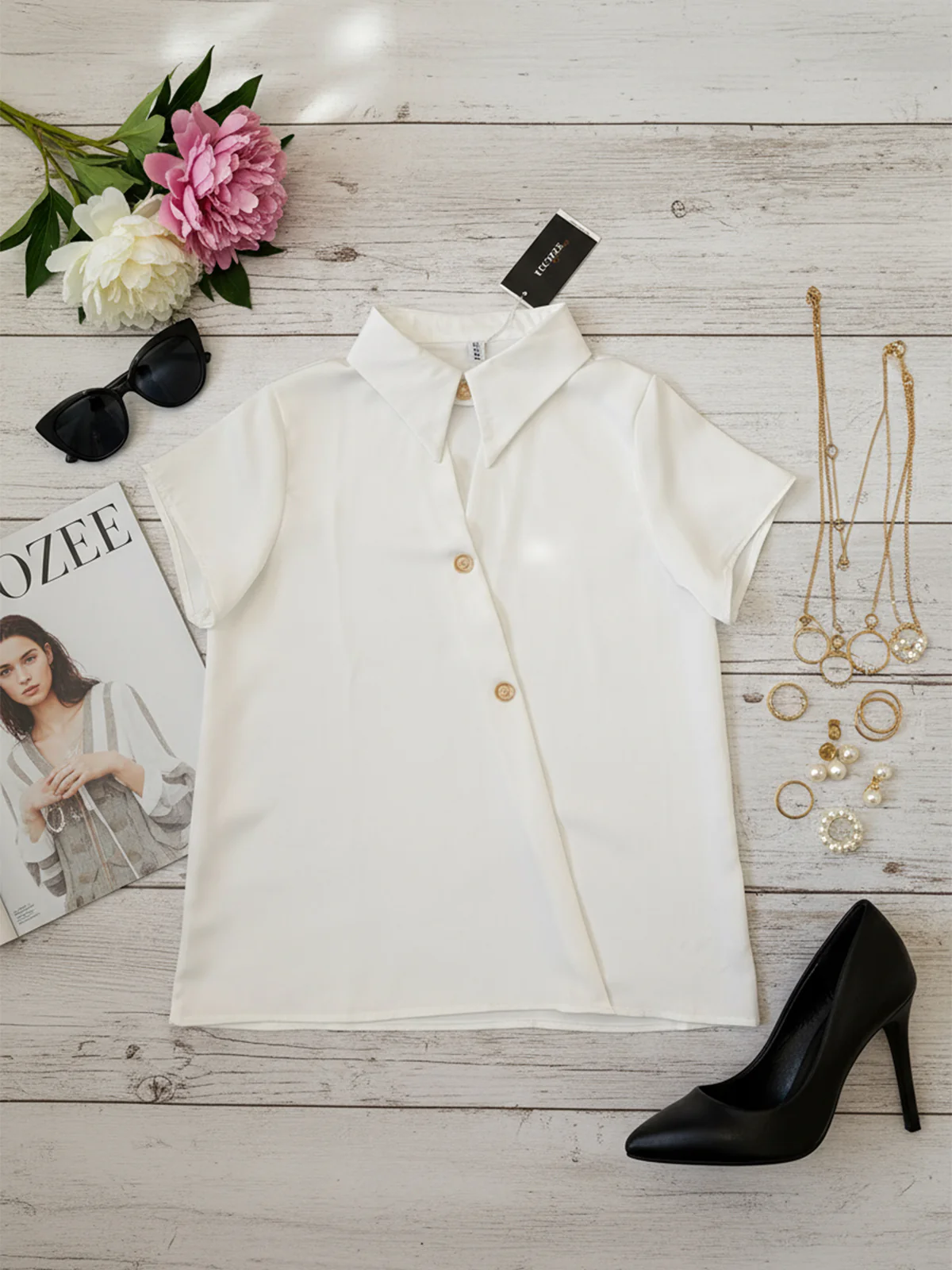 Short Sleeves Buttoned Solid Color Lapel Blouses&Shirts Tops - Image 4