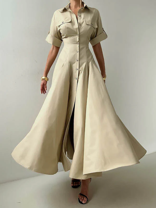 Short Sleeves Buttoned Solid Color Lapel Maxi Dresses Shirt Dress - Image 2