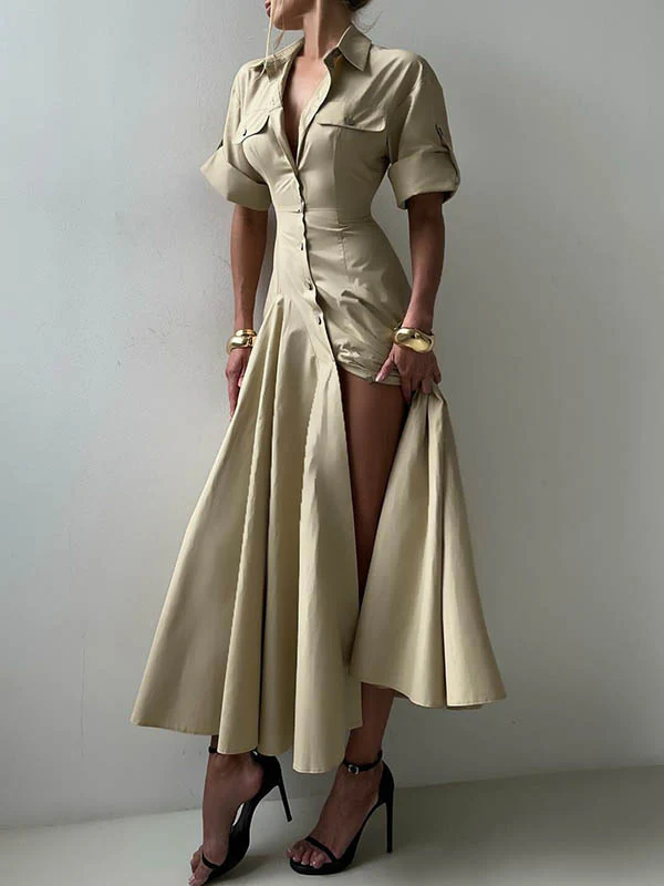Short Sleeves Buttoned Solid Color Lapel Maxi Dresses Shirt Dress - Image 3