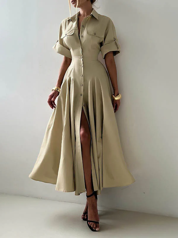 Short Sleeves Buttoned Solid Color Lapel Maxi Dresses Shirt Dress - Image 4