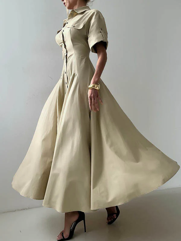 Short Sleeves Buttoned Solid Color Lapel Maxi Dresses Shirt Dress - Image 5