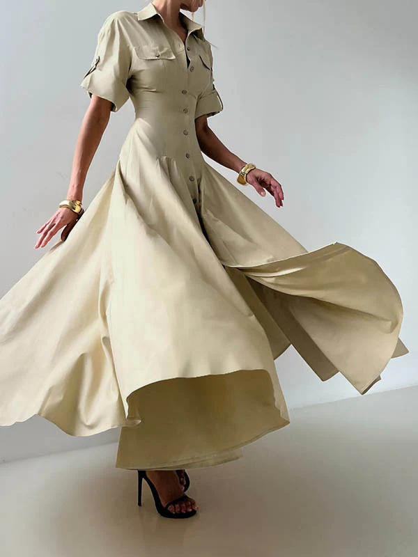Short Sleeves Buttoned Solid Color Lapel Maxi Dresses Shirt Dress - Image 6