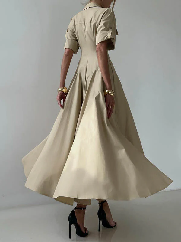 Short Sleeves Buttoned Solid Color Lapel Maxi Dresses Shirt Dress - Image 7