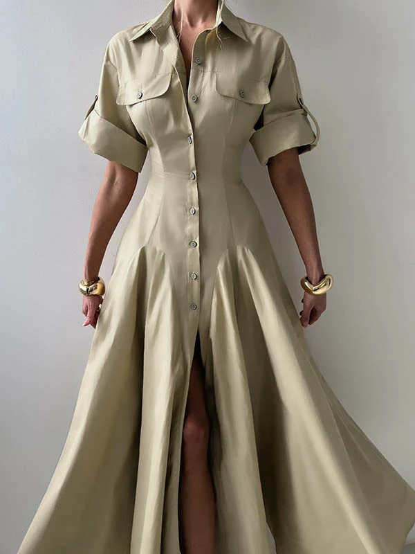 Short Sleeves Buttoned Solid Color Lapel Maxi Dresses Shirt Dress - Image 9