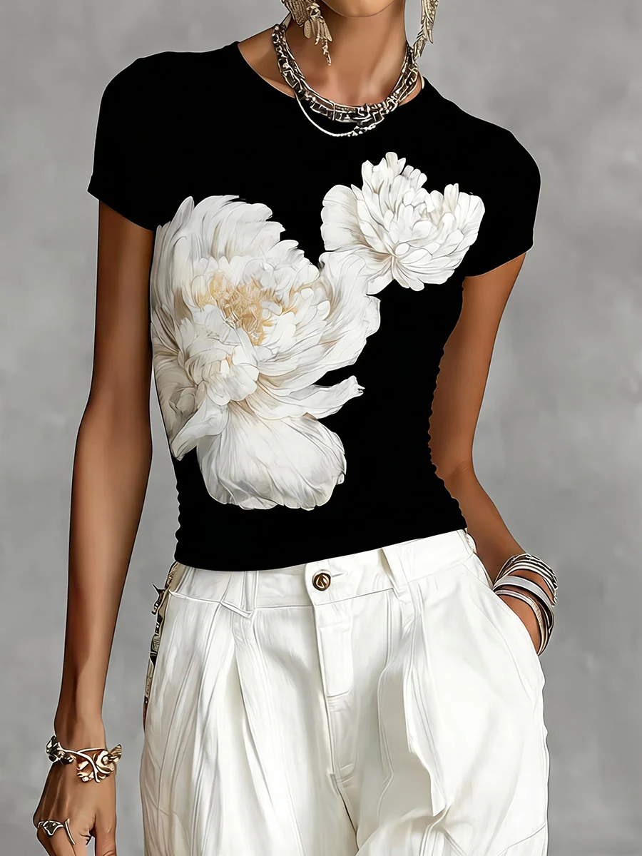 Short Sleeves Contrast Color Flower Print Round-Neck T-Shirts Tops