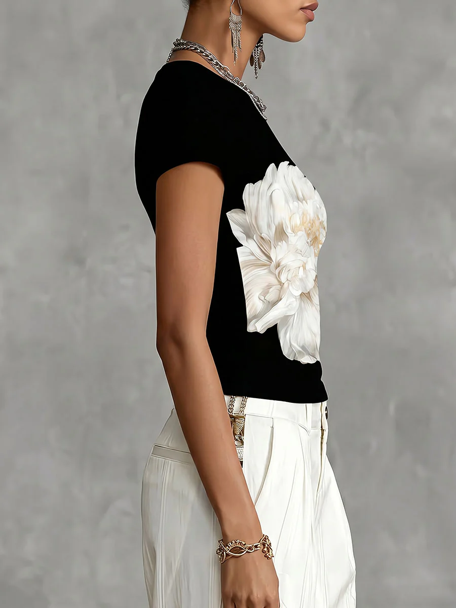 Short Sleeves Contrast Color Flower Print Round-Neck T-Shirts Tops - Image 2