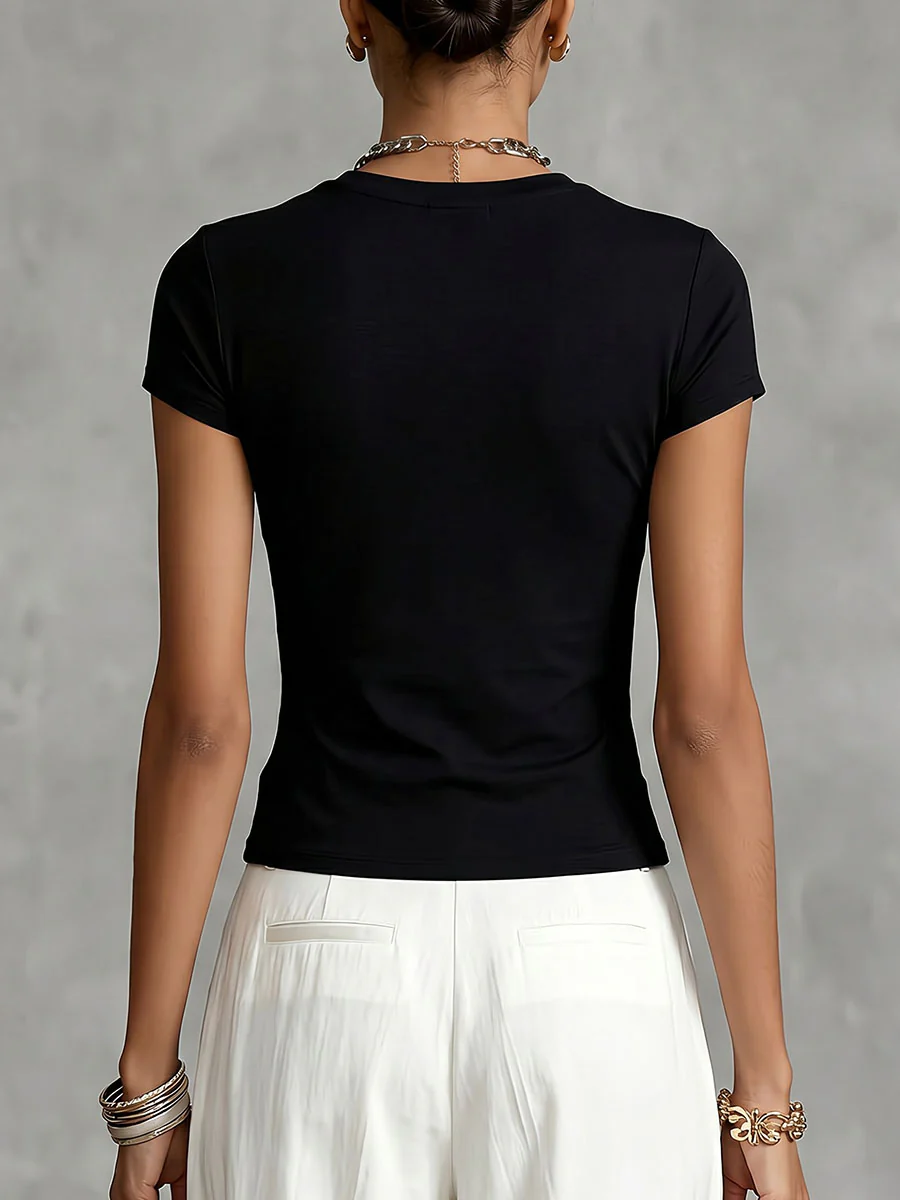 Short Sleeves Contrast Color Flower Print Round-Neck T-Shirts Tops - Image 3