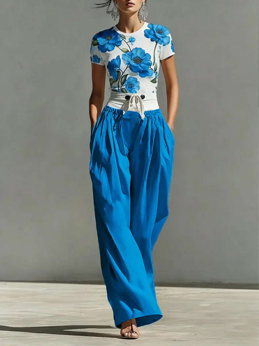 Short Sleeves Contrast Color Flower Print Round-Neck T-Shirts Tops - Image 2