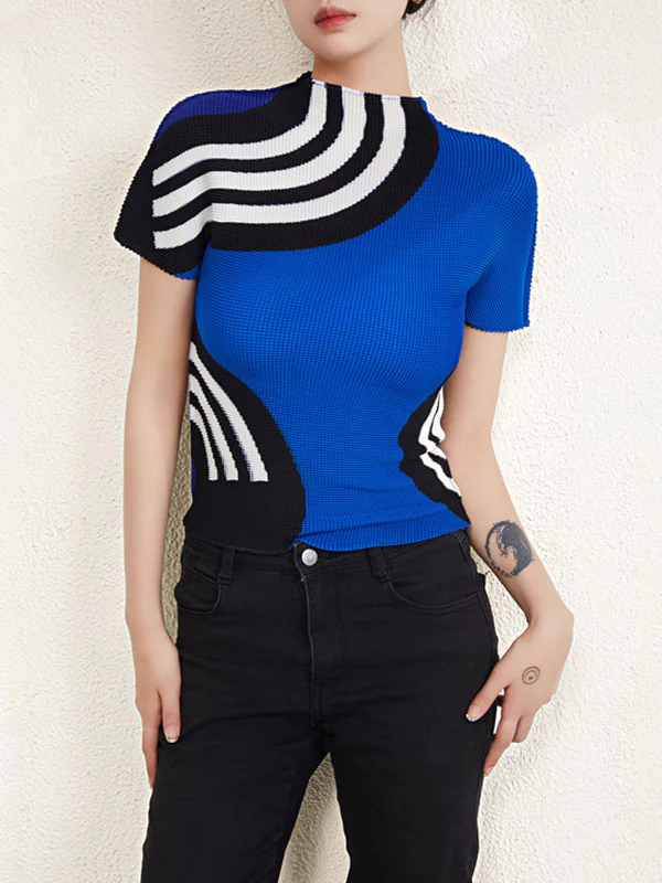 Short Sleeves Contrast Color Printed Mock Neck T-Shirts Tops - Image 10