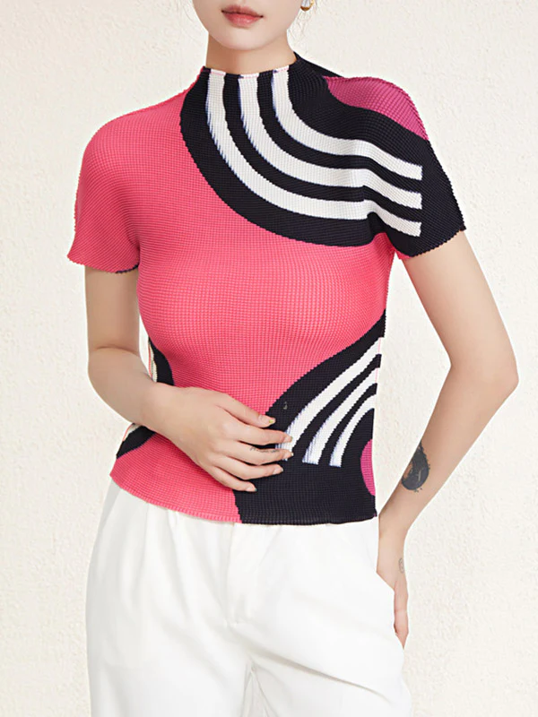 Short Sleeves Contrast Color Printed Mock Neck T-Shirts Tops - Image 3
