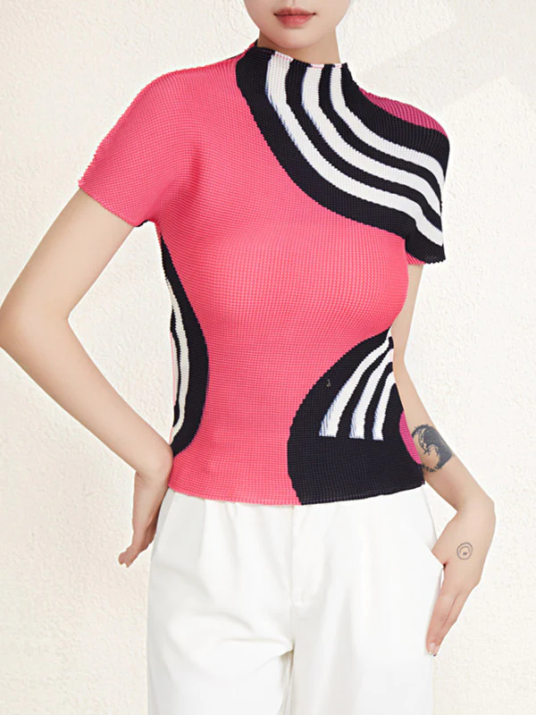 Short Sleeves Contrast Color Printed Mock Neck T-Shirts Tops - Image 5