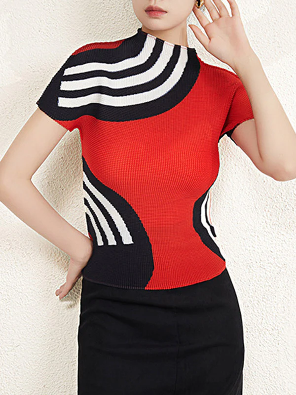 Short Sleeves Contrast Color Printed Mock Neck T-Shirts Tops - Image 7