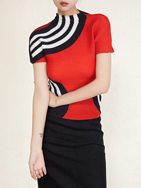 Short Sleeves Contrast Color Printed Mock Neck T-Shirts Tops - Image 8
