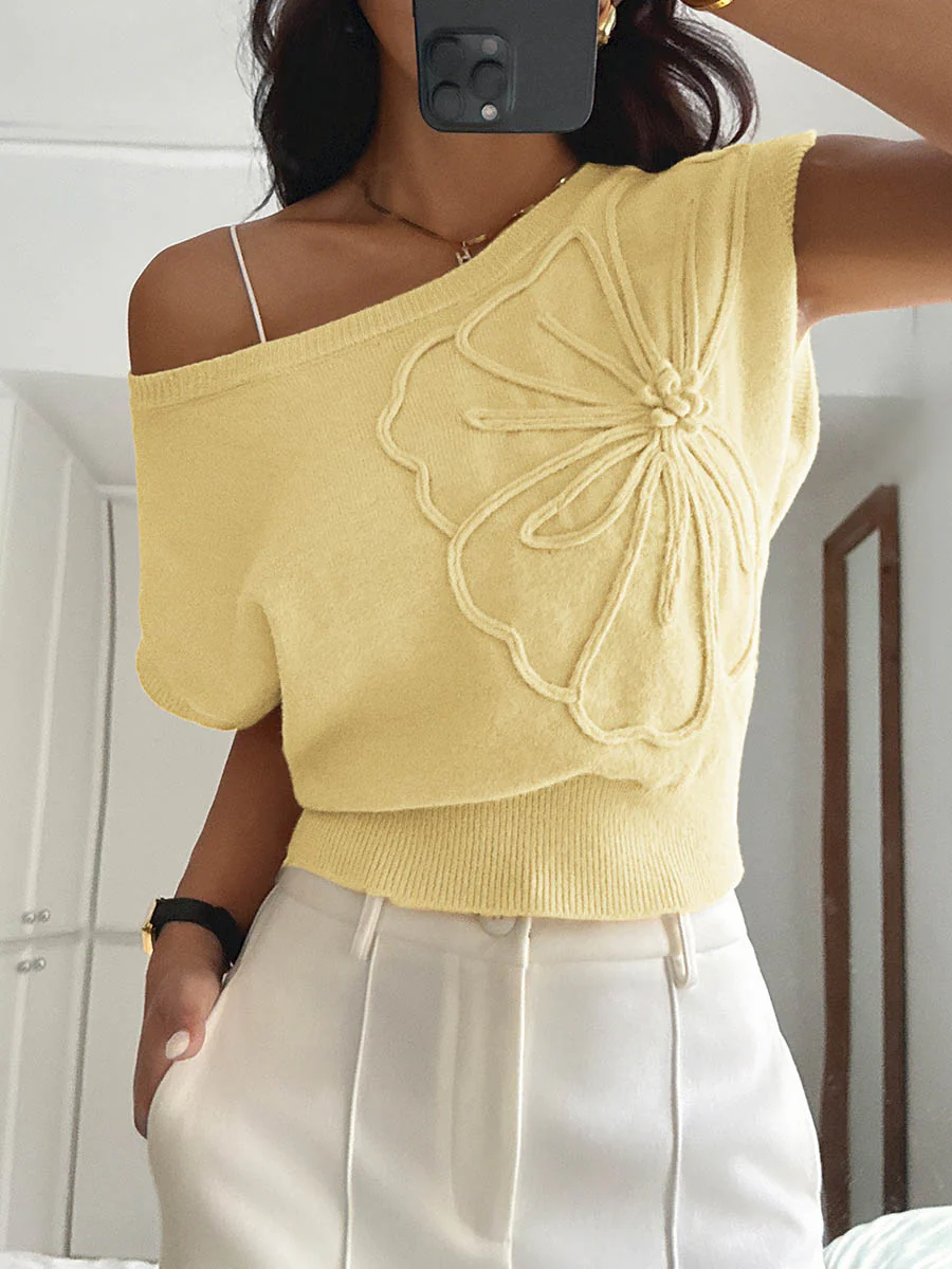 Short Sleeves Flower-Embellished Solid Color Split-Joint One-Shoulder Sweater Tops - Image 10