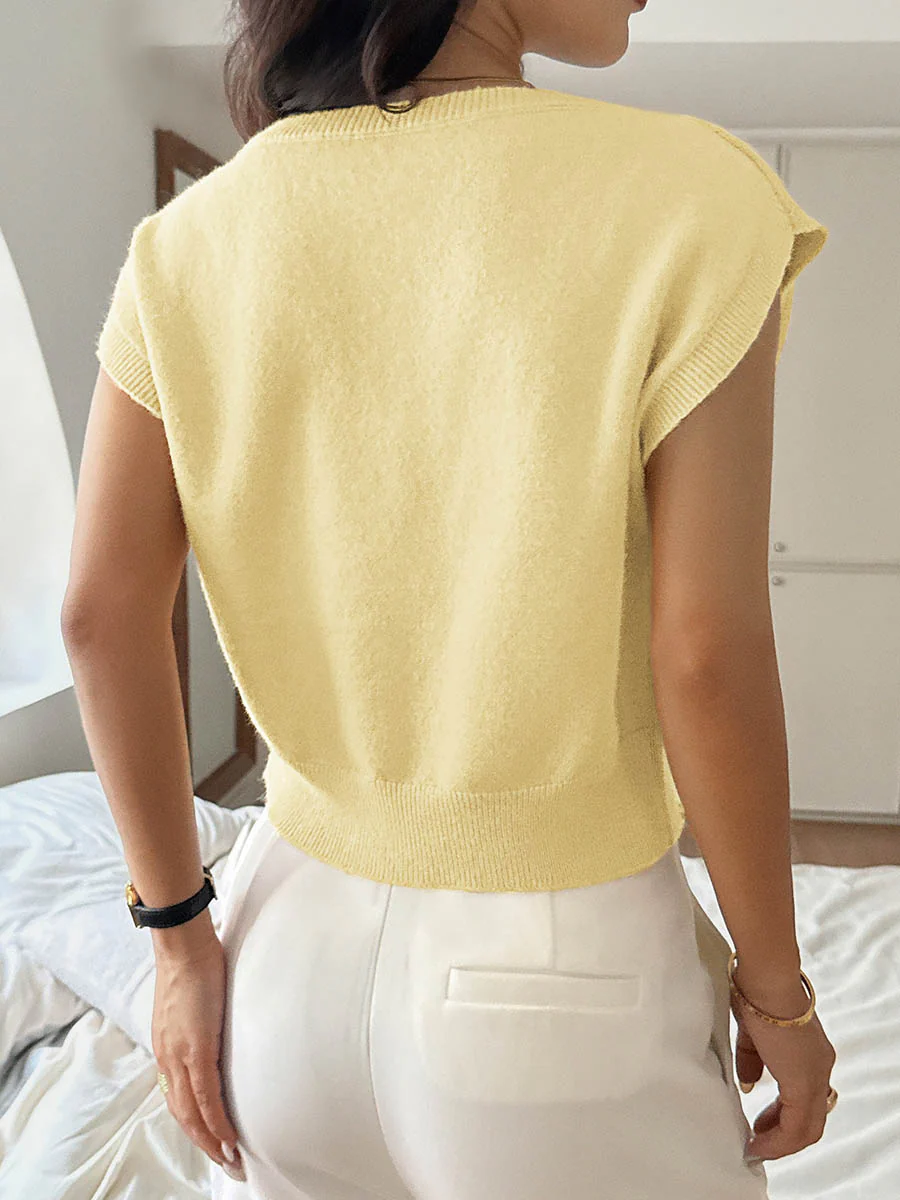 Short Sleeves Flower-Embellished Solid Color Split-Joint One-Shoulder Sweater Tops - Image 12