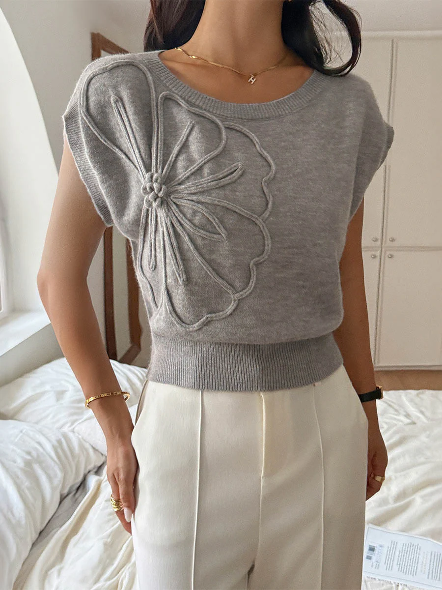 Short Sleeves Flower-Embellished Solid Color Split-Joint One-Shoulder Sweater Tops - Image 13