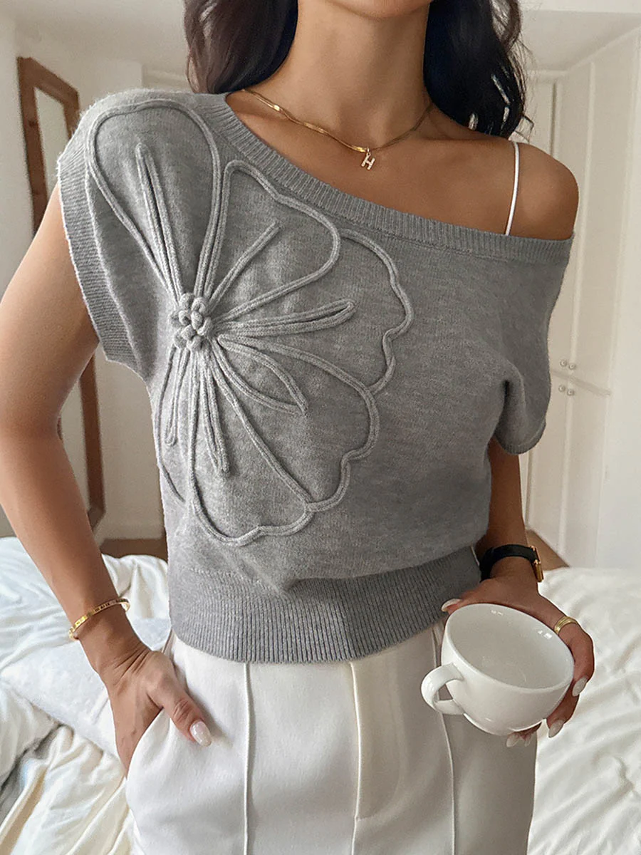 Short Sleeves Flower-Embellished Solid Color Split-Joint One-Shoulder Sweater Tops - Image 14