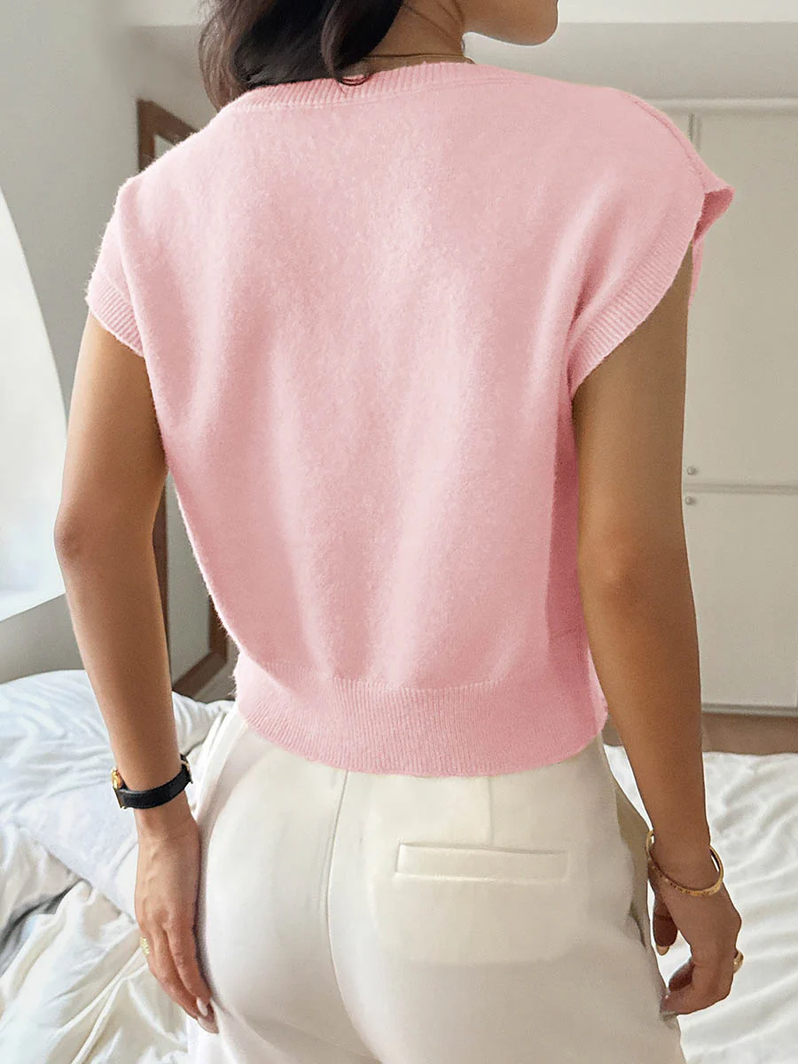 Short Sleeves Flower-Embellished Solid Color Split-Joint One-Shoulder Sweater Tops - Image 19