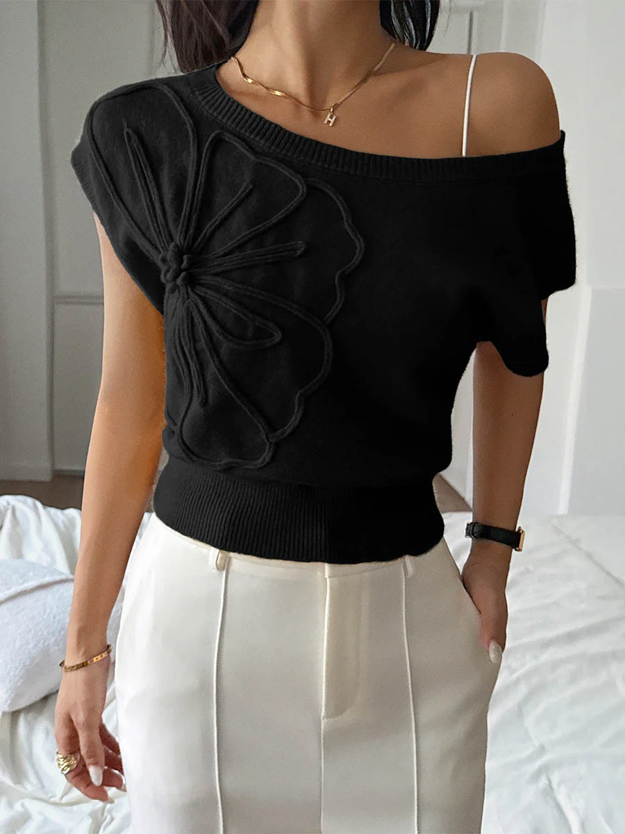 Short Sleeves Flower-Embellished Solid Color Split-Joint One-Shoulder Sweater Tops - Image 2