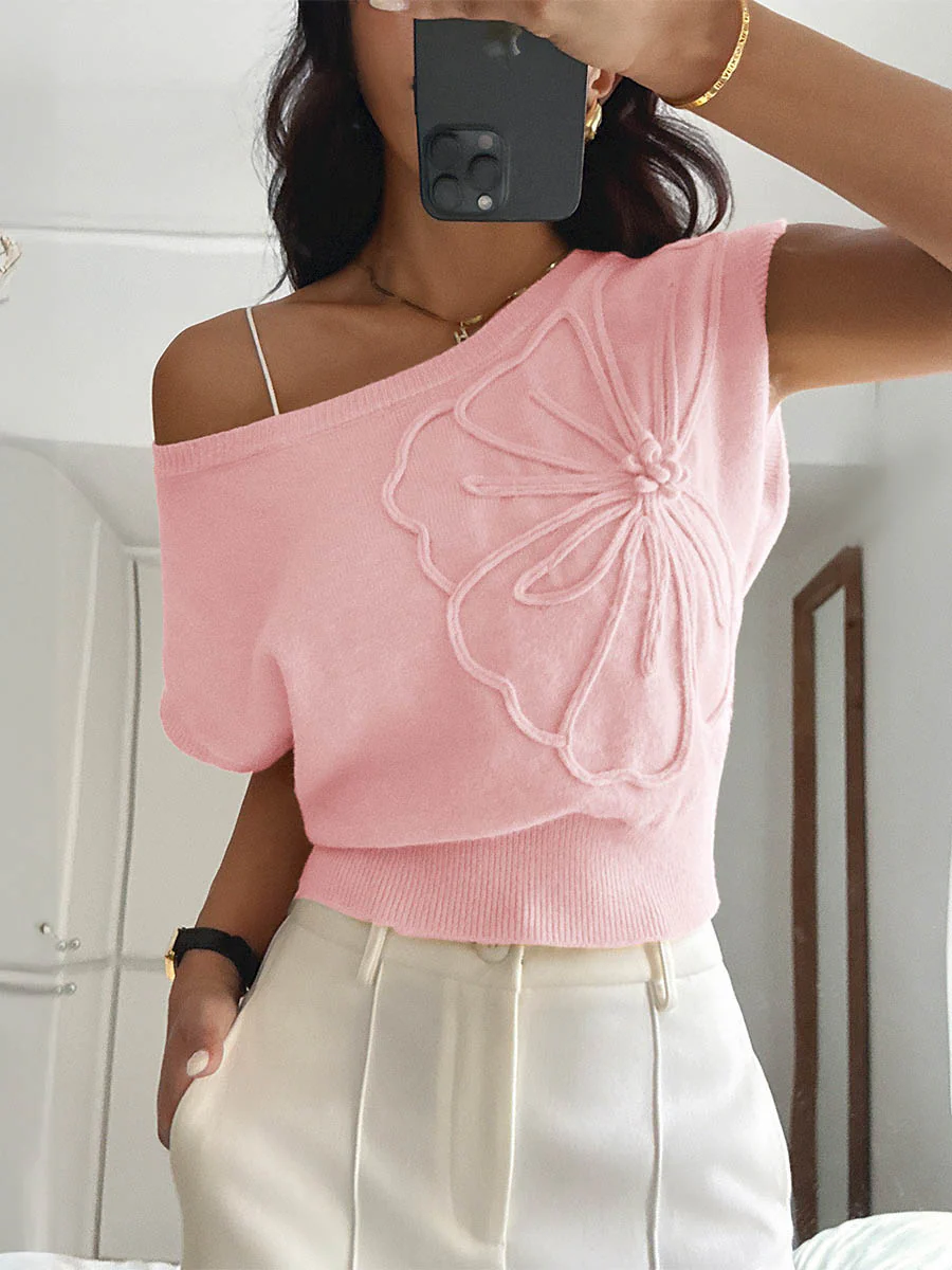 Short Sleeves Flower-Embellished Solid Color Split-Joint One-Shoulder Sweater Tops - Image 3