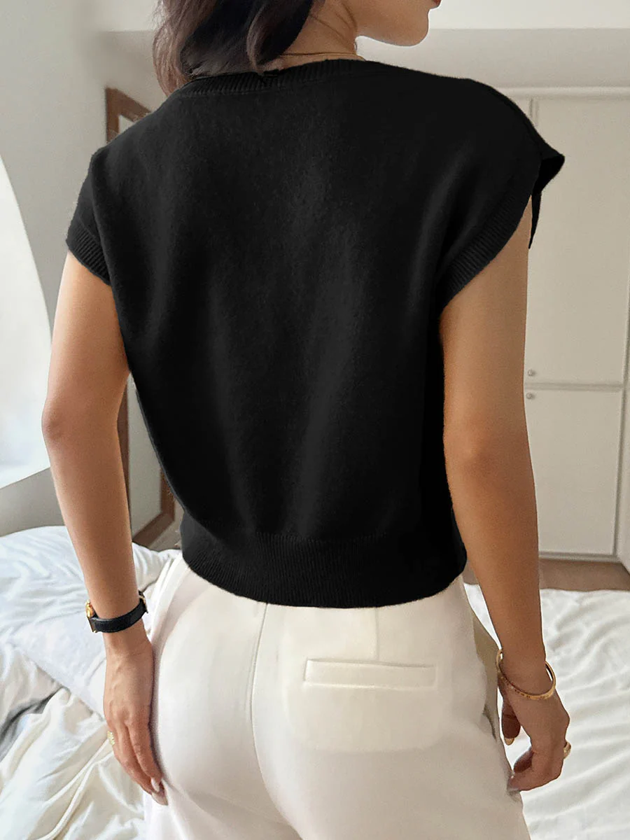 Short Sleeves Flower-Embellished Solid Color Split-Joint One-Shoulder Sweater Tops - Image 6