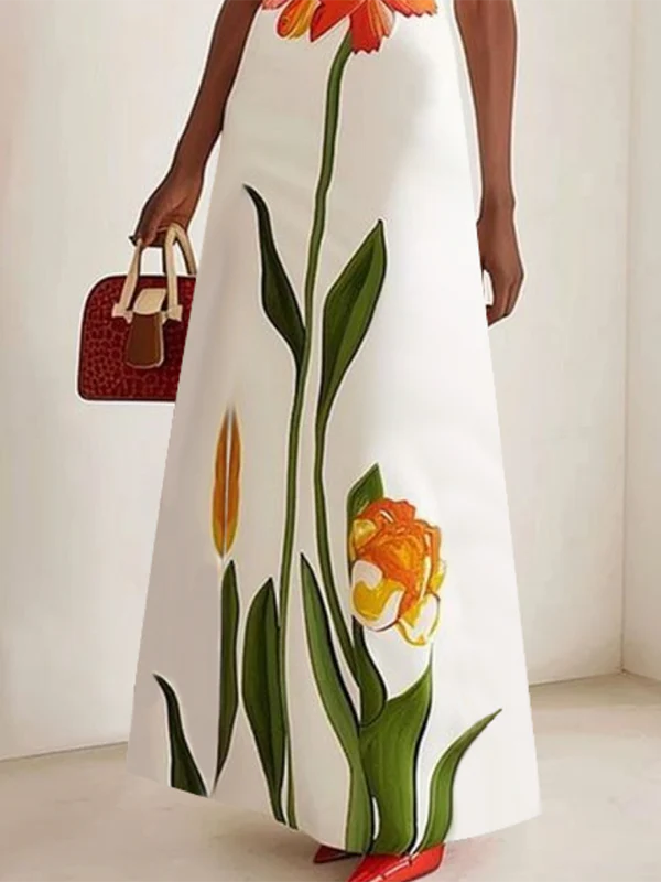 Short Sleeves Flower Print Boat Neck Maxi Dresses - Image 3