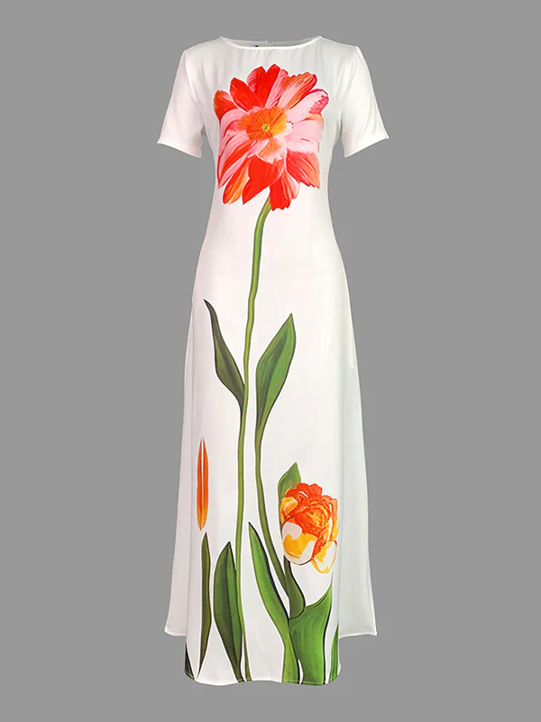 Short Sleeves Flower Print Boat Neck Maxi Dresses - Image 4
