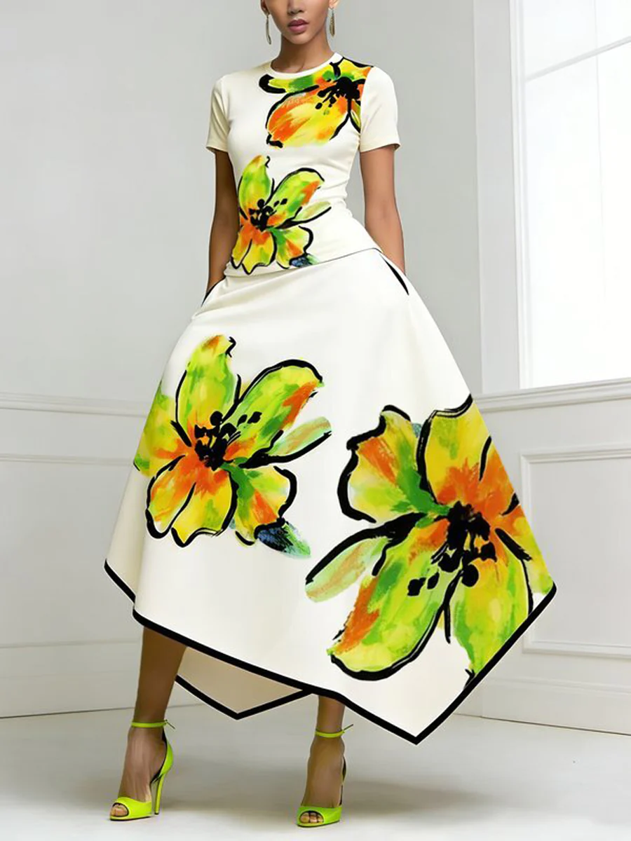 Short Sleeves Flower Print Round-Neck T-Shirts Tops - Image 2