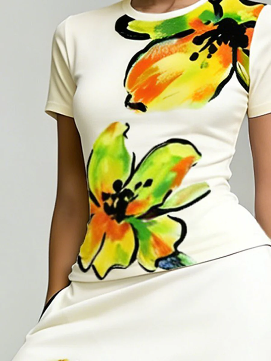 Short Sleeves Flower Print Round-Neck T-Shirts Tops - Image 4