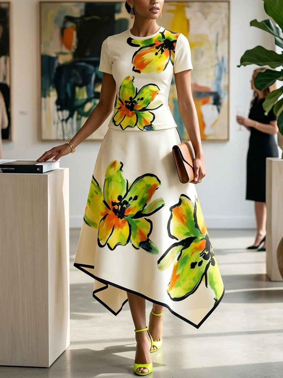 Short Sleeves Flower Print Round-Neck T-Shirts Tops - Image 6