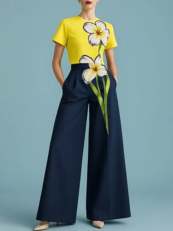 Short Sleeves Flower Print Round-Neck T-Shirts Tops - Image 2