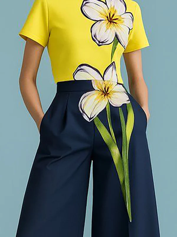 Short Sleeves Flower Print Round-Neck T-Shirts Tops - Image 3