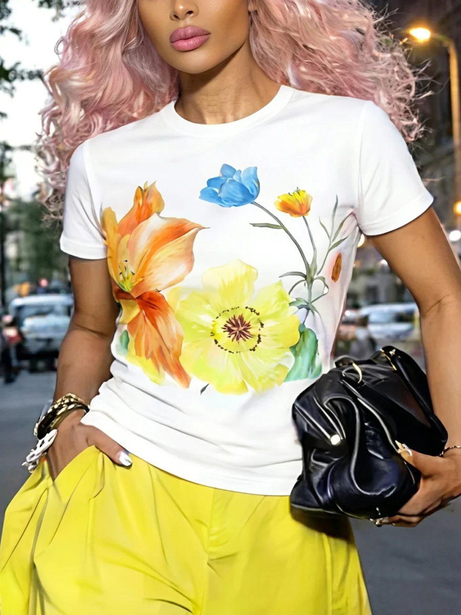Short Sleeves Flower Print Solid Color Round-Neck T-Shirts - Image 3