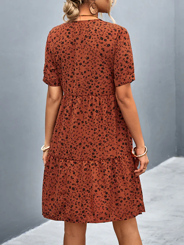 Short Sleeves Flower Print Split-Joint V-Neck Mini Dresses - Image 11