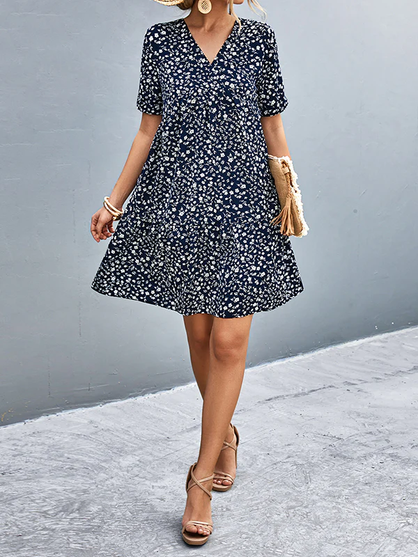 Short Sleeves Flower Print Split-Joint V-Neck Mini Dresses - Image 14