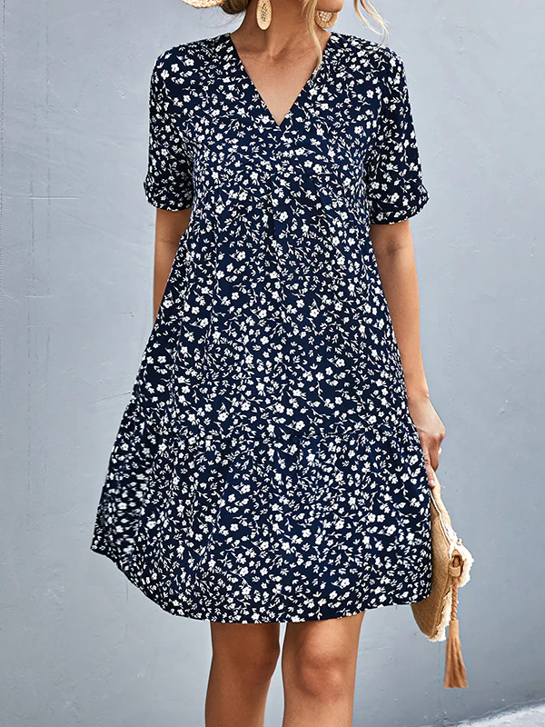 Short Sleeves Flower Print Split-Joint V-Neck Mini Dresses - Image 15
