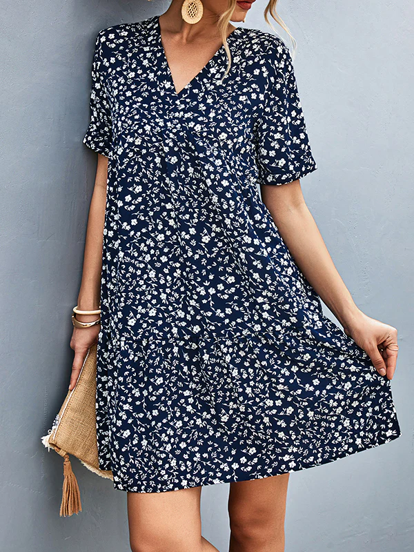 Short Sleeves Flower Print Split-Joint V-Neck Mini Dresses - Image 16