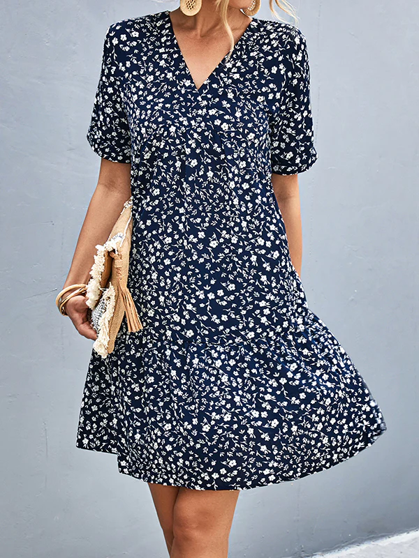 Short Sleeves Flower Print Split-Joint V-Neck Mini Dresses - Image 17