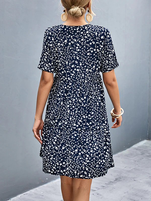 Short Sleeves Flower Print Split-Joint V-Neck Mini Dresses - Image 18