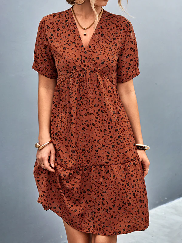 Short Sleeves Flower Print Split-Joint V-Neck Mini Dresses - Image 2