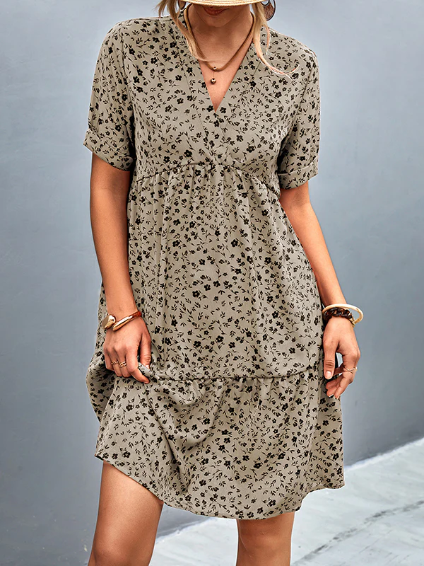 Short Sleeves Flower Print Split-Joint V-Neck Mini Dresses - Image 4